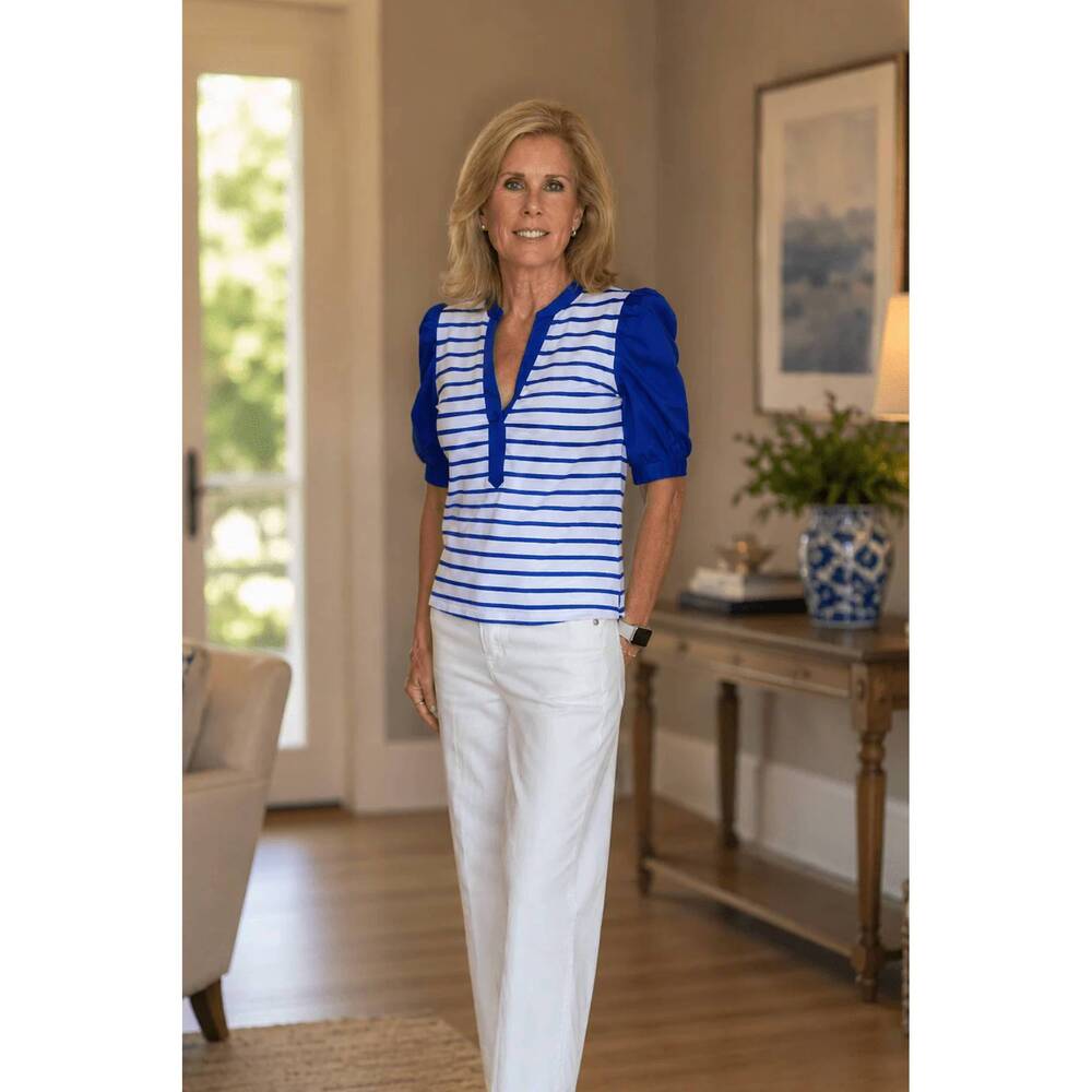 NEW TYLER BOE women's paulina striped open vneck top in bluing